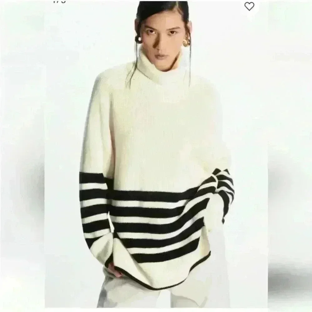 COS Roll neck sweater in white and black striped wool and cotton blend